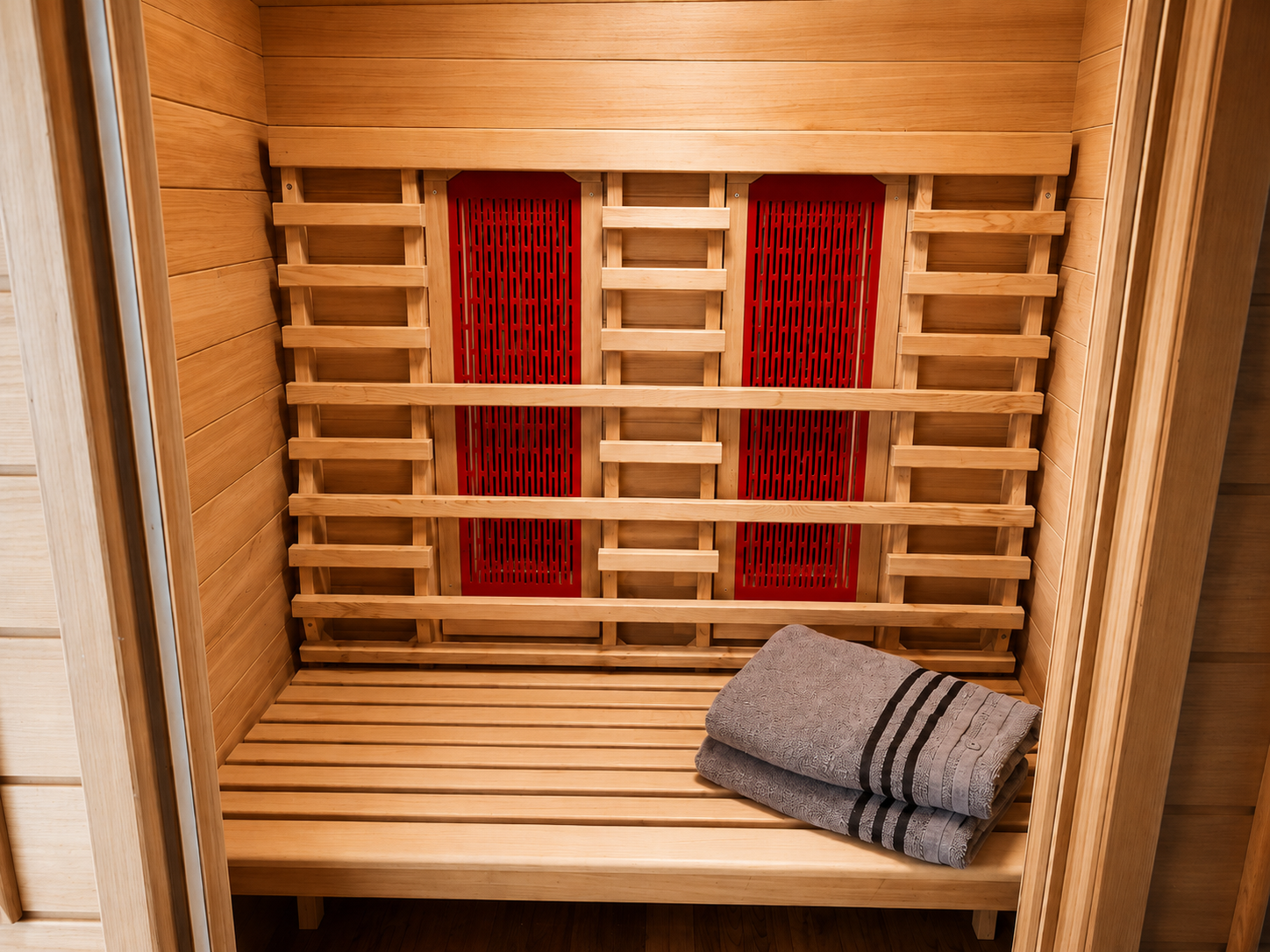 Houten sauna-interieur met rode verwarmingspanelen en twee opgerolde grijze handdoeken op een bankje.