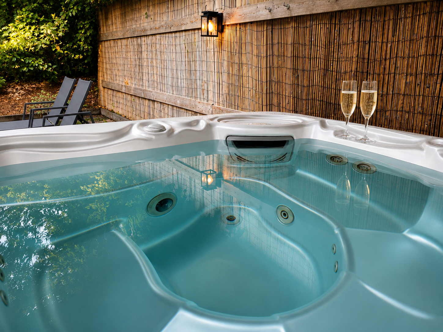 Buitenjacuzzi met blauw water naast een houten schutting, ligstoelen en twee champagneglazen bij zonsondergang.