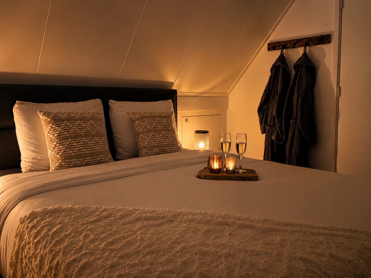 Gezellige slaapkamer met een netjes opgemaakt bed, warm kaarslicht en badjassen die aan de muur hangen.