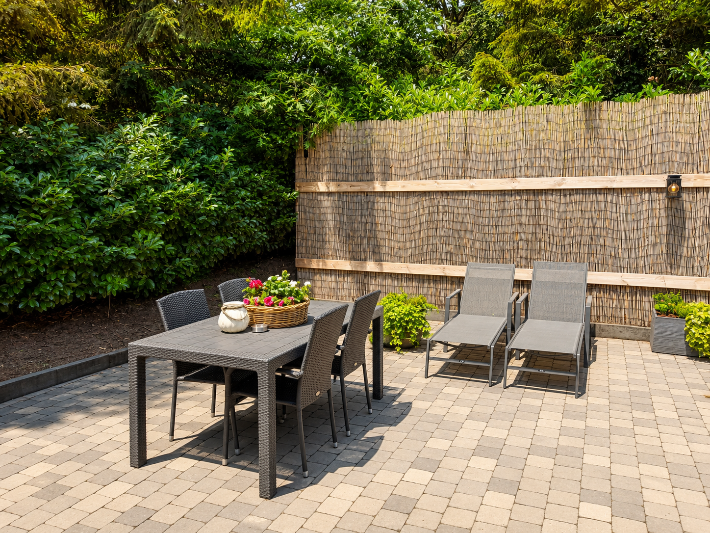 Terras met eettafel, stoelen en twee loungestoelen naast een bamboeschutting en groen.