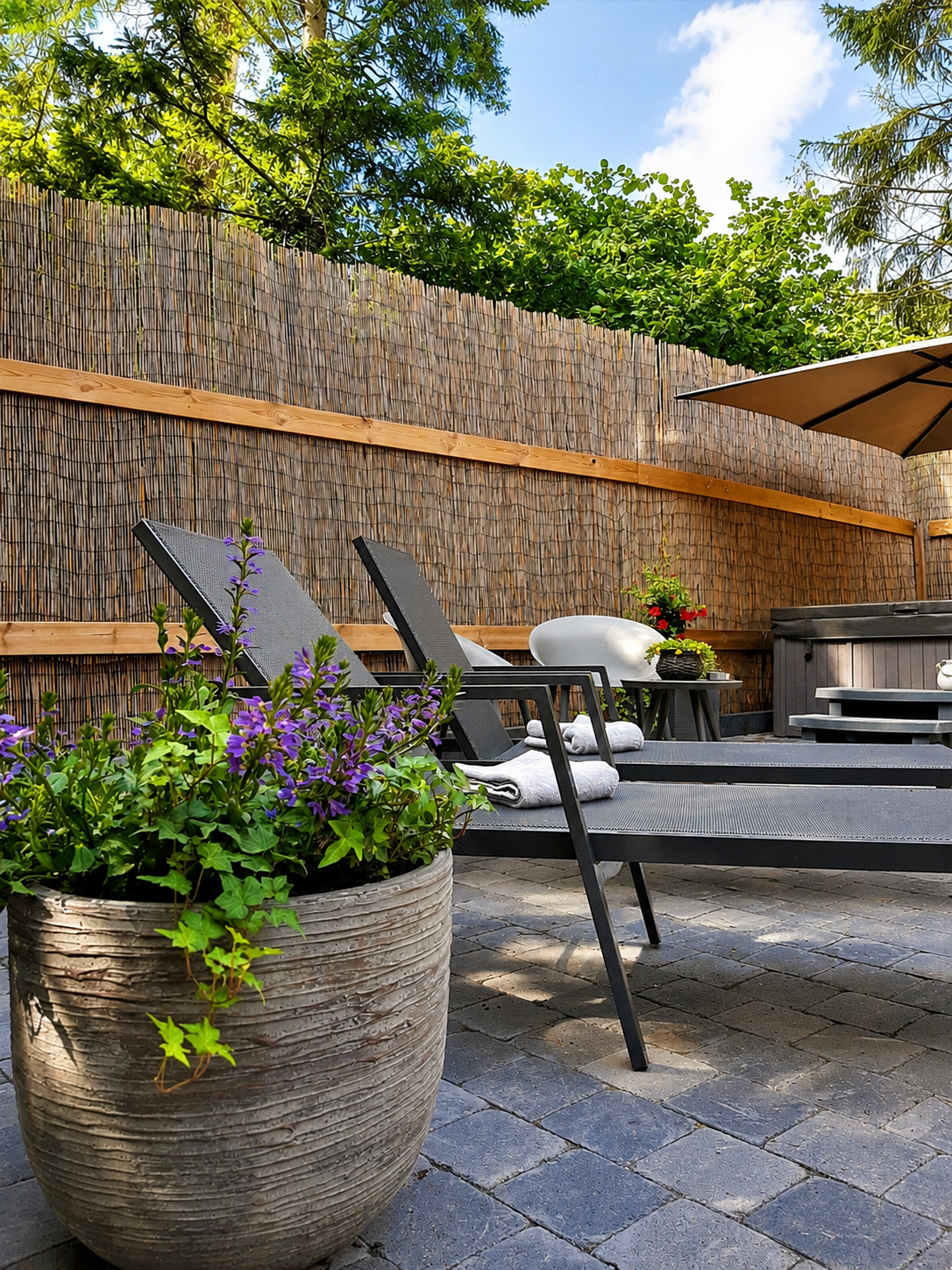 Terras met loungestoelen, paarse potplanten en een gevlochten schutting in een zonnige achtertuin.