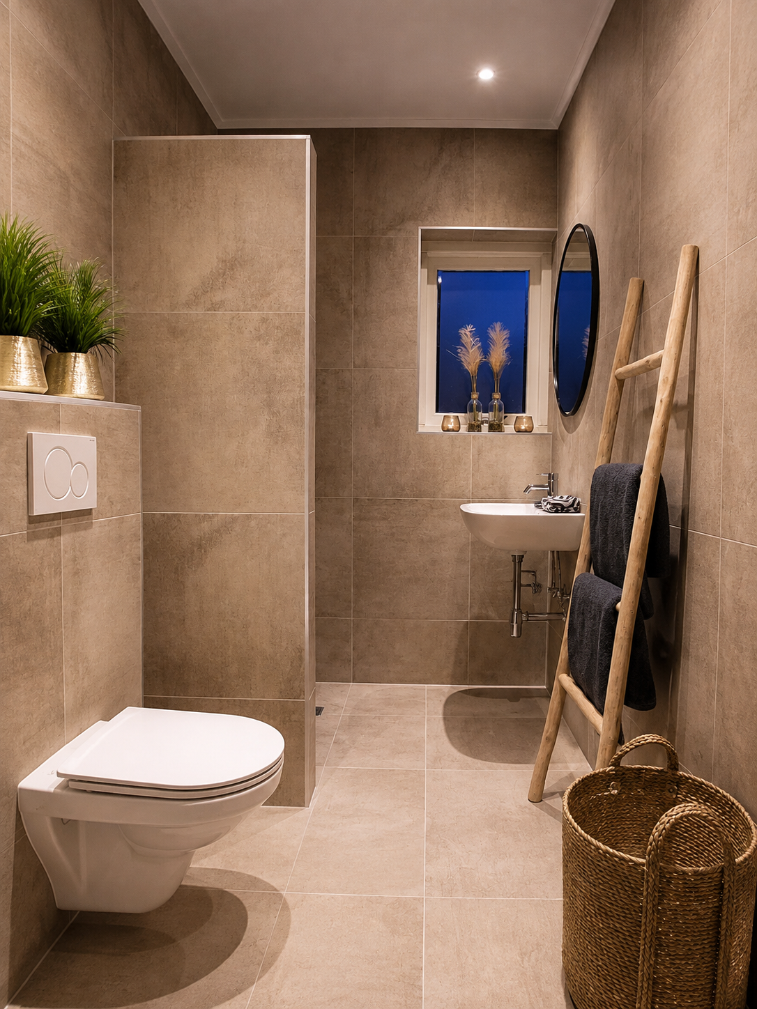 Moderne beige badkamer met wandtoilet, wastafel, raam en rieten manden.
