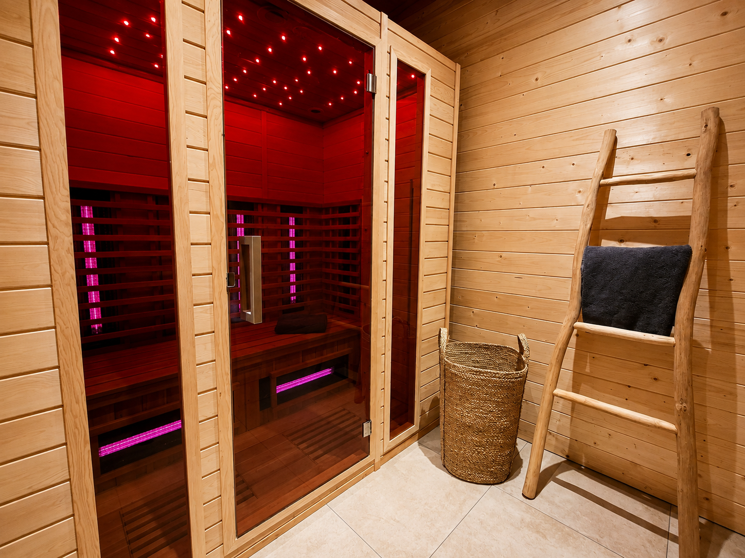 Infraroodsauna met houten lambrisering, rode verlichting, glazen deur en een houten bankje naast een gevlochten mand.