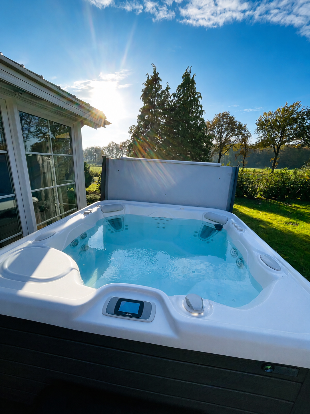 Een buitenjacuzzi op een zonnig terras naast een huis, met borrelend water en een schilderachtig uitzicht.