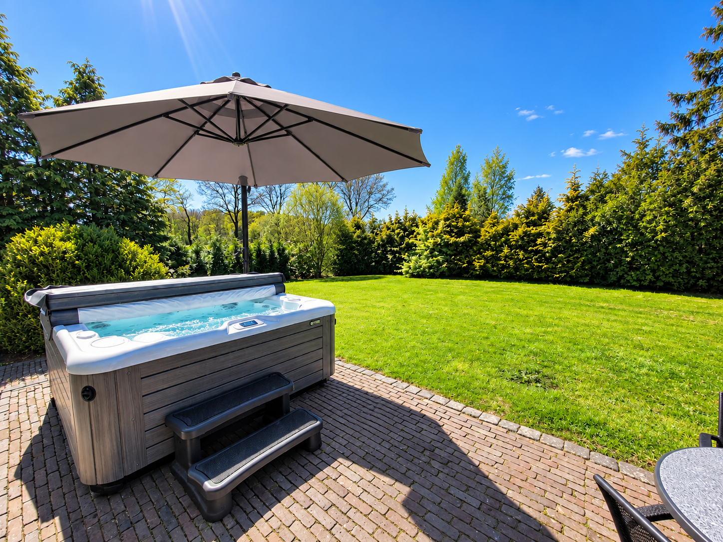 Een jacuzzi in de achtertuin onder een grote parasol op een zonnige dag, met gazon en bomen op de achtergrond.