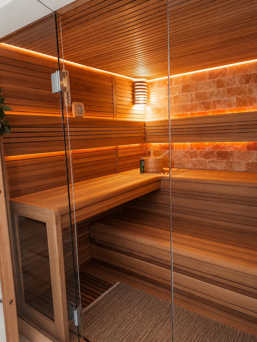 Infraroodsauna met houten lambrisering, oranje verlichting, banken, verwarming en glazen deur.