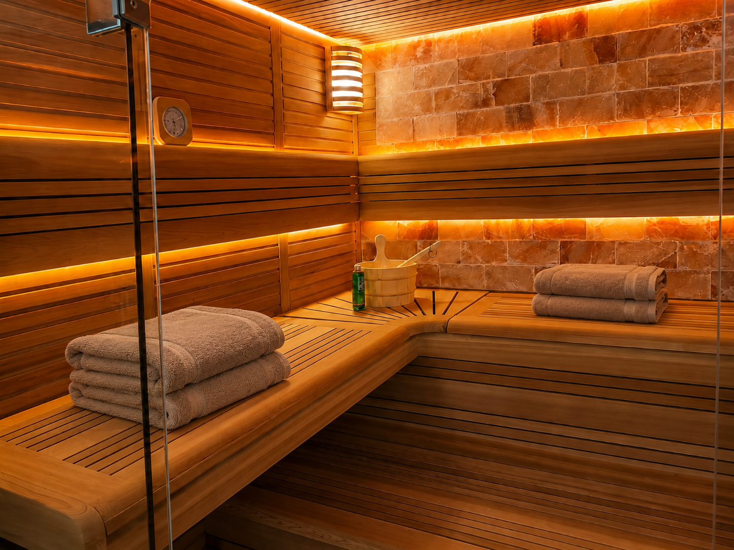 Een warme sauna met houten lambrisering, oranje ledverlichting en opgevouwen handdoeken op de banken.