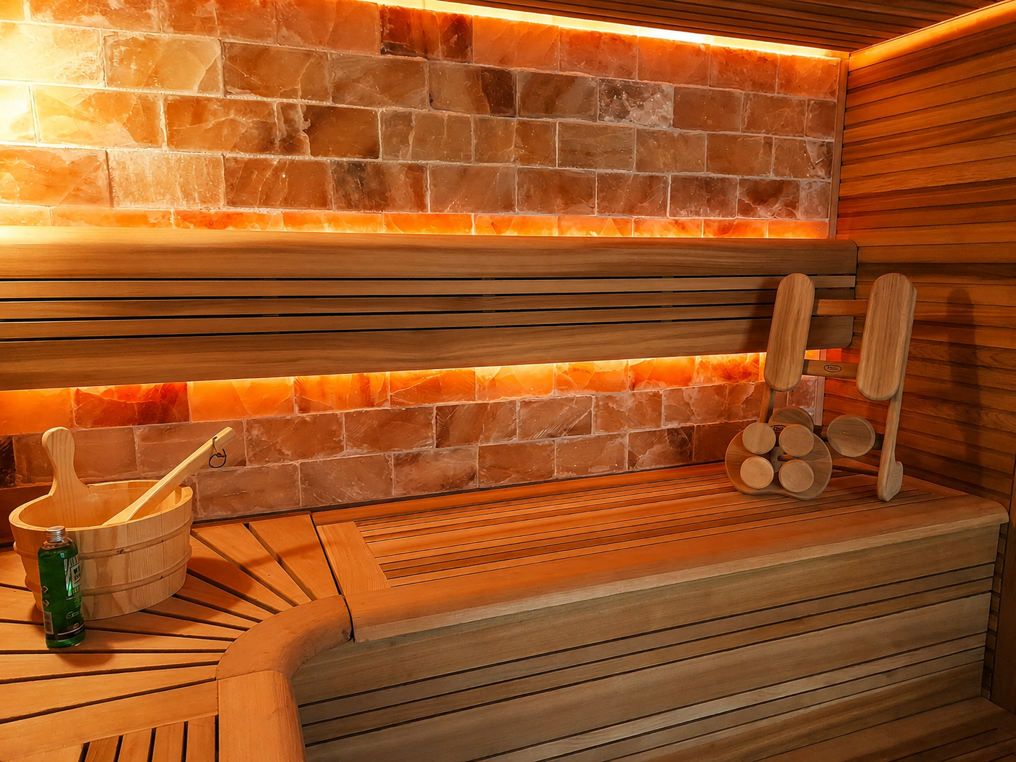 Sauna met houten lambrisering, gloeiende oranje verwarmingselementen, houten banken en een emmer met lepel.
