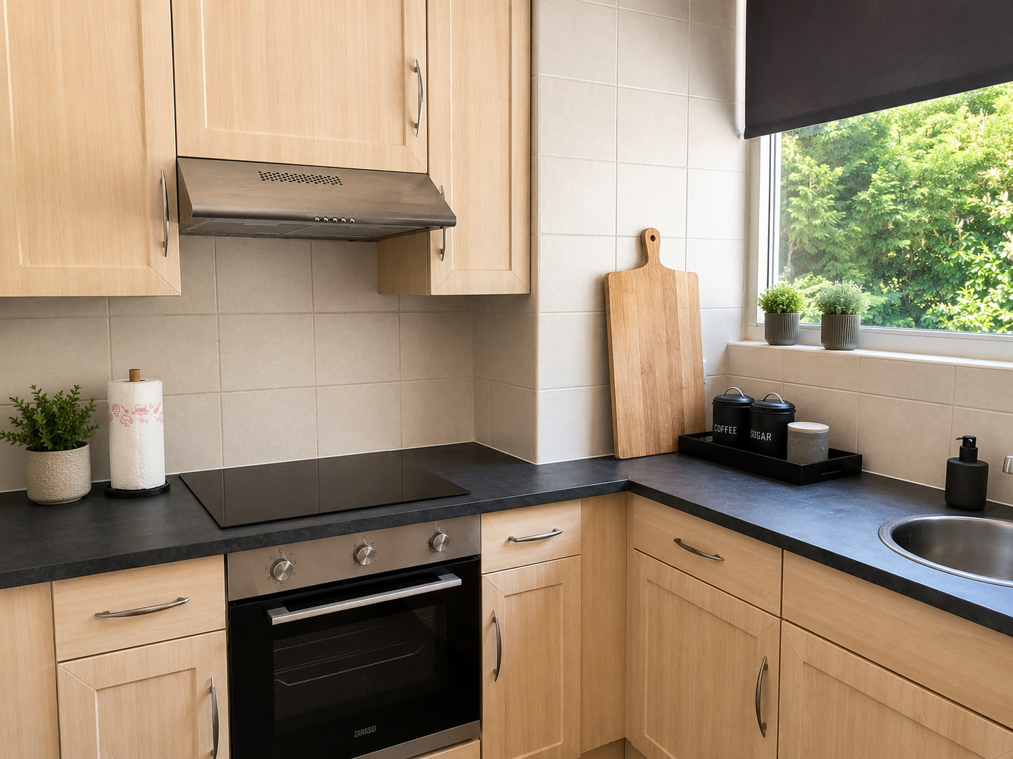 Moderne keuken met zwarte werkbladen, houten kasten, fornuis, spoelbak en een raam boven het hoekwerkblad.