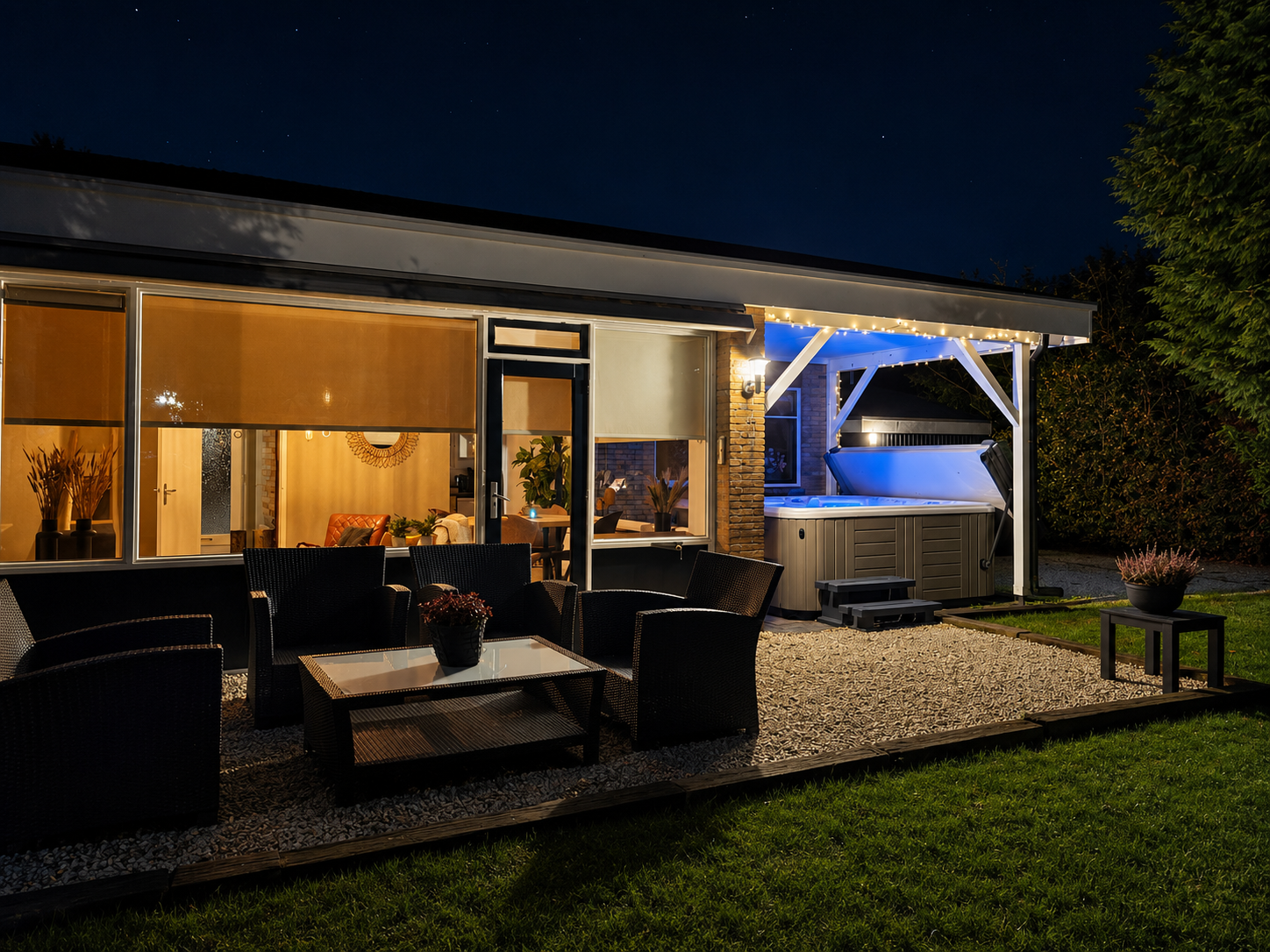 Moderne achtertuin met terras 's avonds, met zitgelegenheid, sfeervolle verlichting.