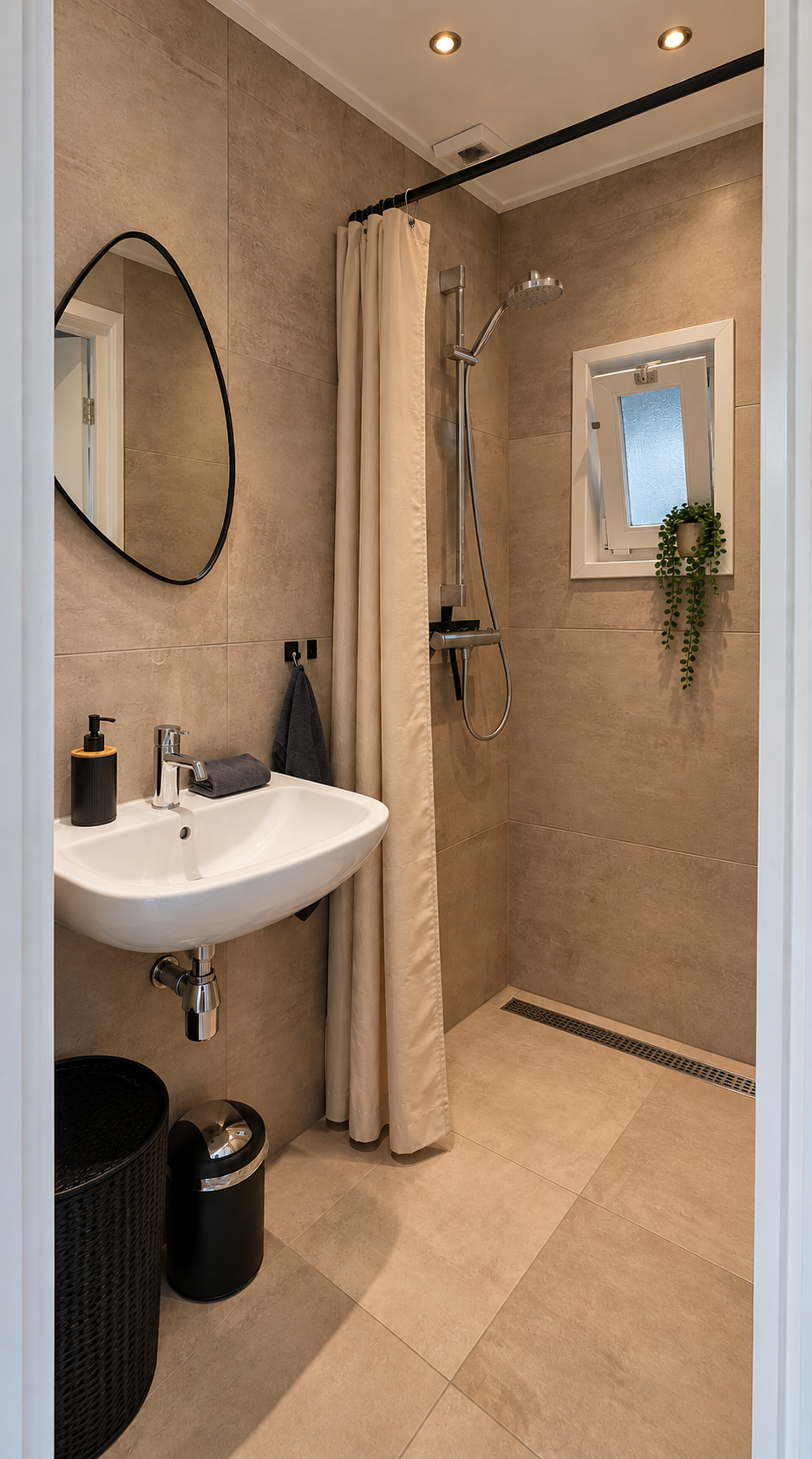 Kleine beige badkamer met wastafel, spiegel, douche, raam en handdoekrek in een smalle ruimte.
