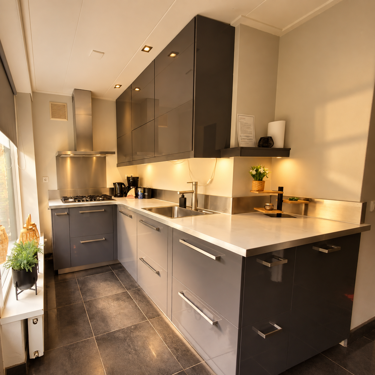 Moderne, smalle keuken met donkere kasten, roestvrijstalen apparaten en een licht aanrechtblad bij een raam.