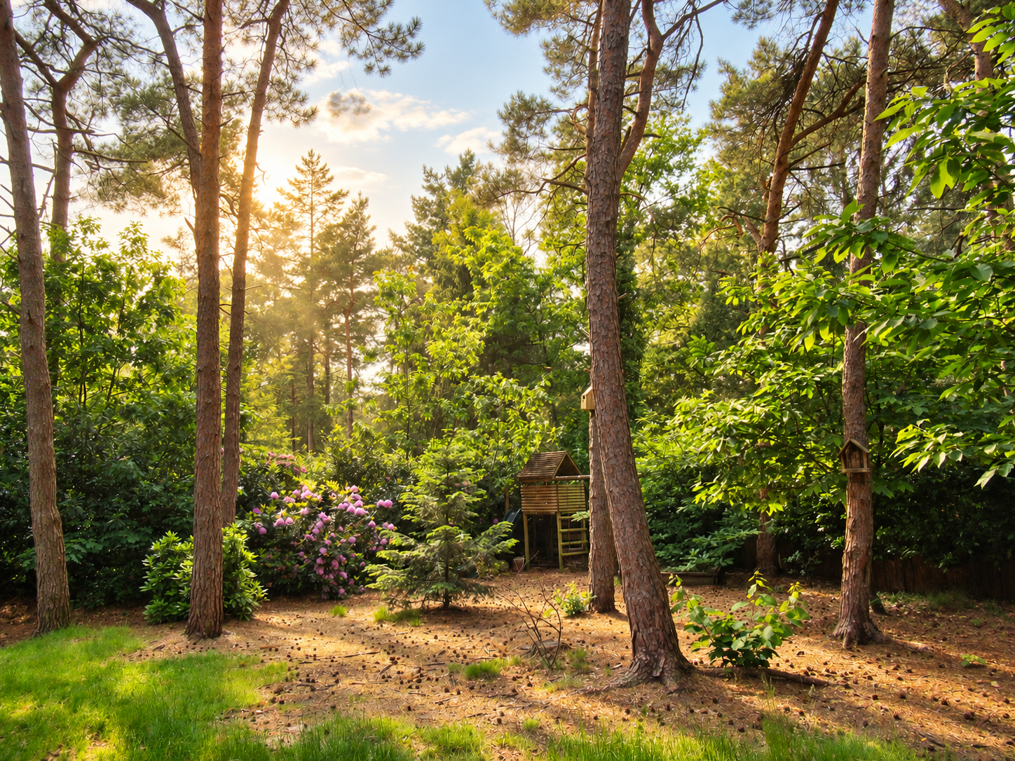 Een zonnige open plek in het bos met hoge bomen, groene struiken en een klein houten schuurtje in de schaduw.