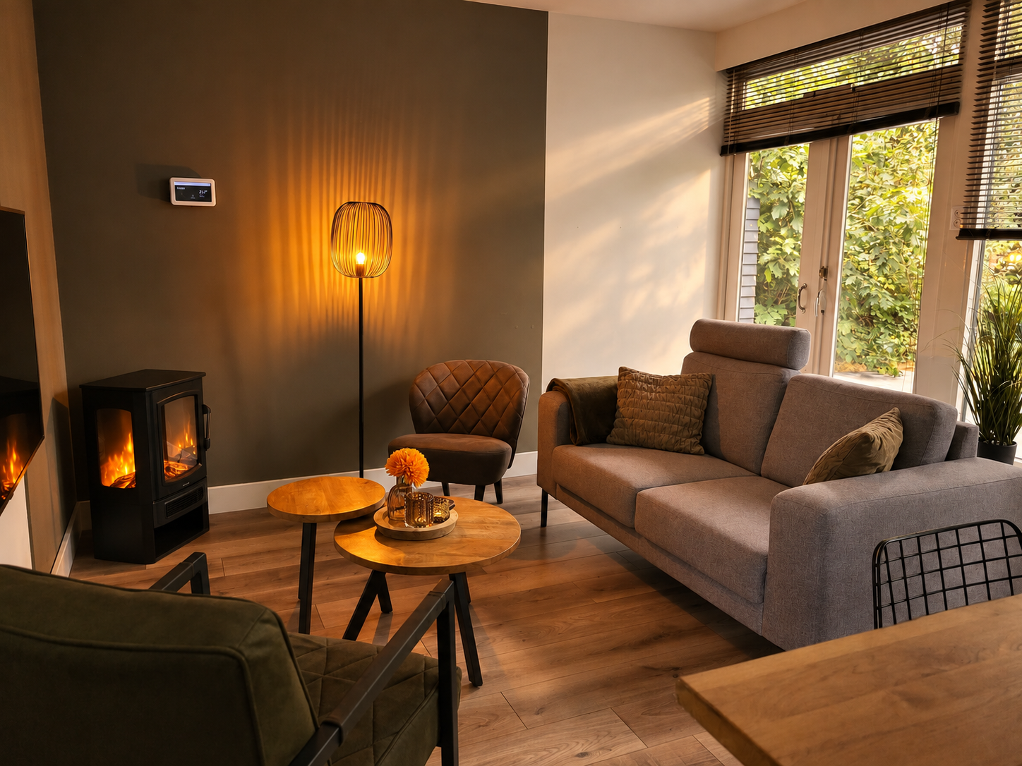 Gezellige woonkamer met een brandende open haard, fauteuils, een bank, een warme lamp en een groot raam met uitzicht op de bomen.