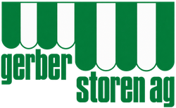 Grünes Logo von Gerber Storen AG mit gestreiften Markisen über dem Schriftzug.