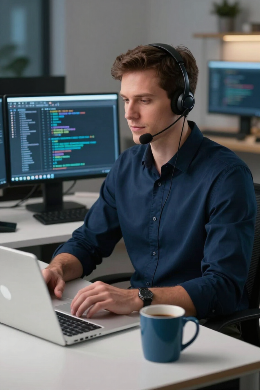 Developer working at a desk with a laptop, headset, coffee mug, and code on dual monitors.