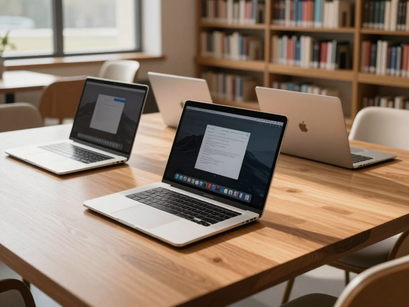 Three laptops open on a wooden table in a library or study room.