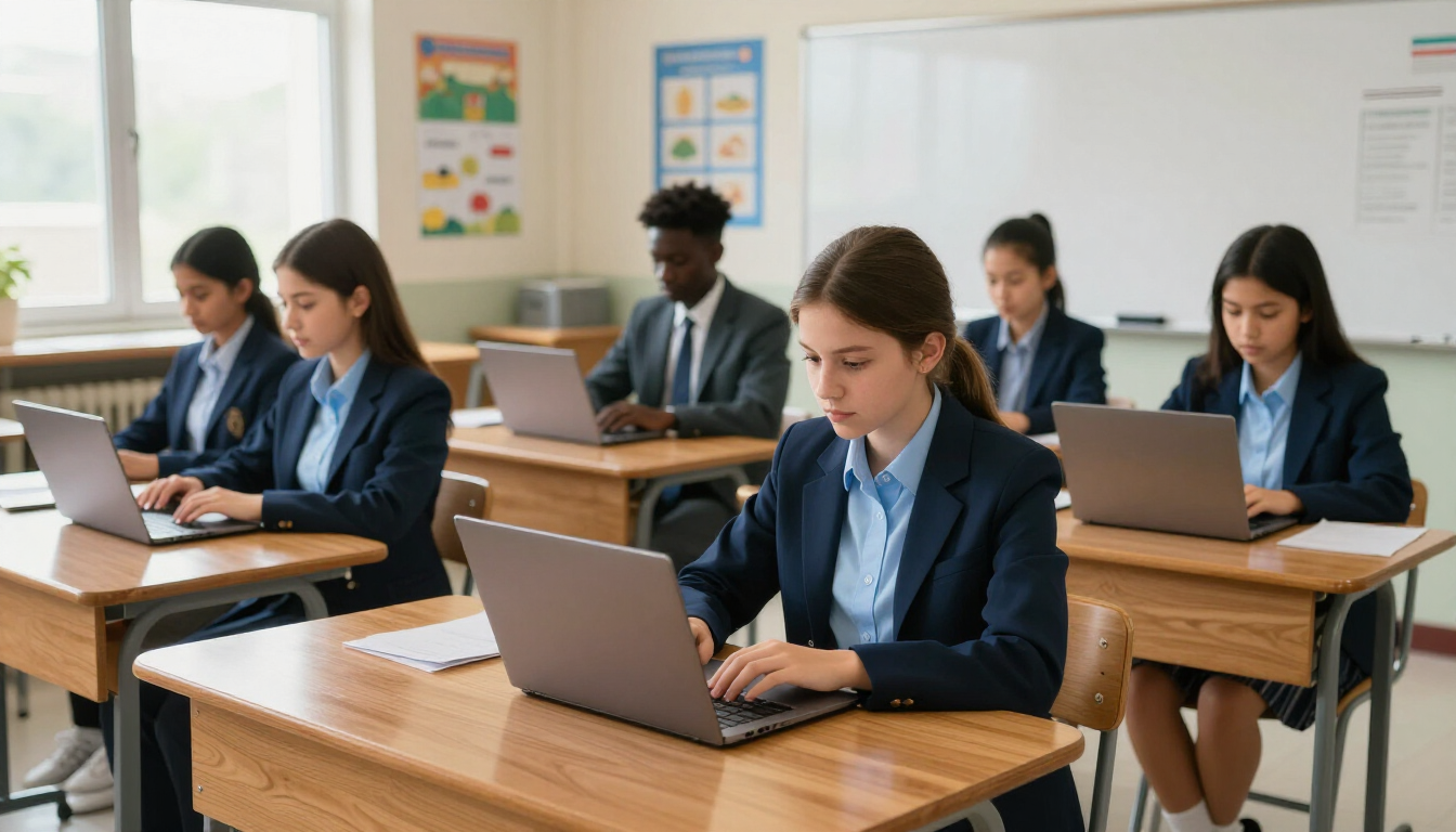 Students using laptops in a classroom, seated at wooden desks with a whiteboard behind them.
