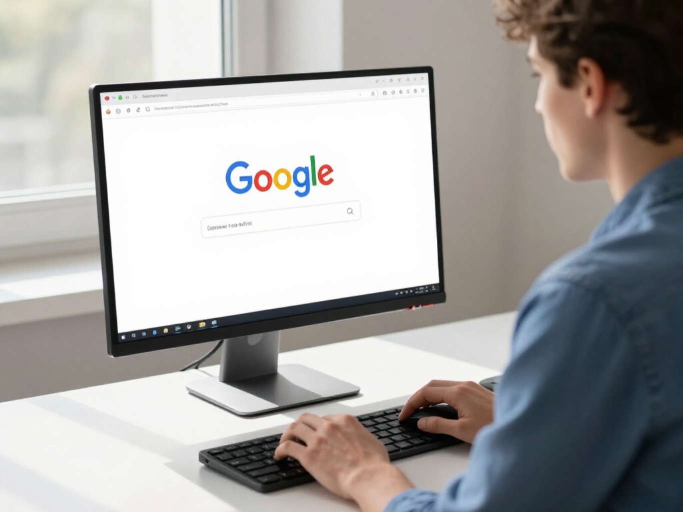 Person typing at a desktop computer showing the Google homepage