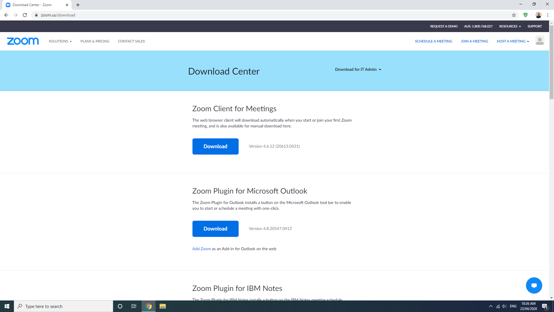Zoom download page with a blue header and two blue download buttons on a white background