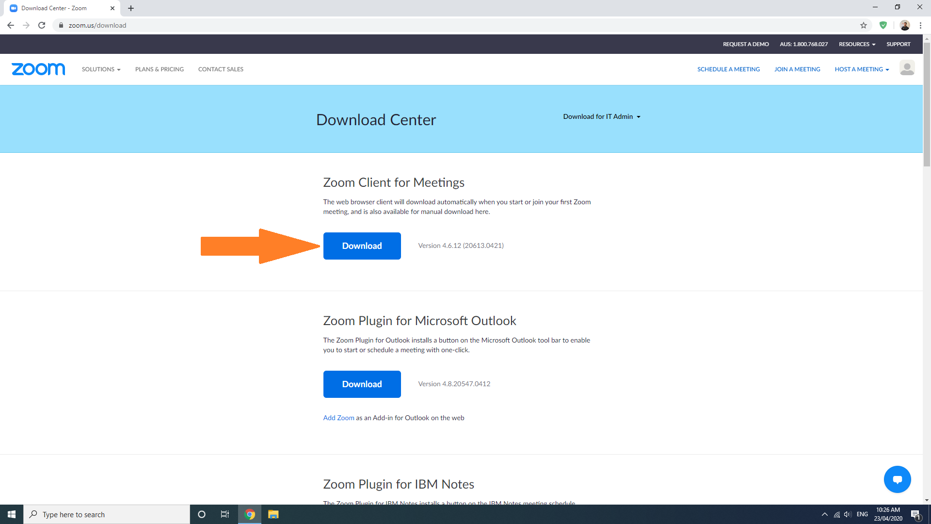 Zoom webpage with a blue button highlighted by an orange arrow under the schedule section