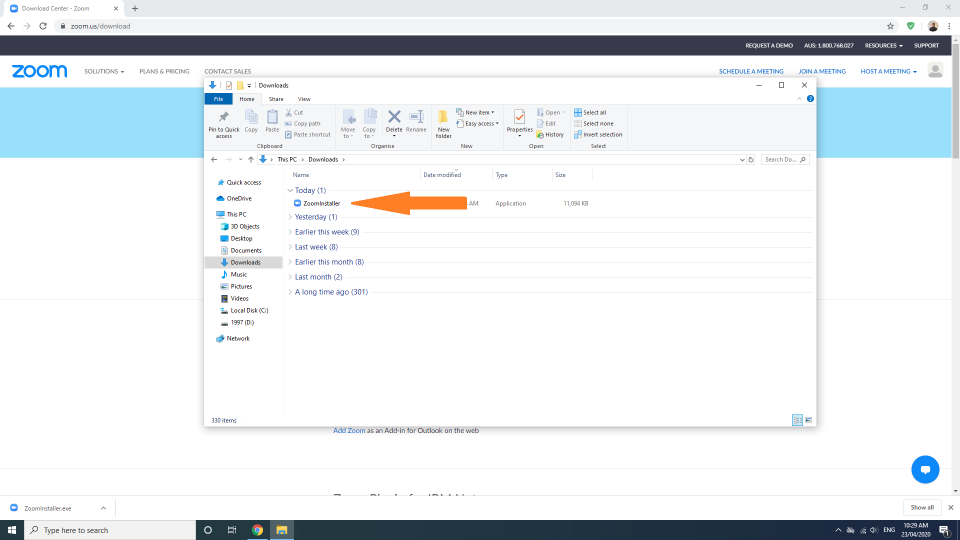Zoom screen showing a Windows File Explorer window with an orange arrow pointing to a file list item.