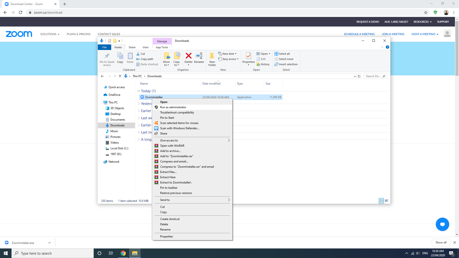 Desktop screenshot of Zoom with a Windows File Explorer window open and a right-click context menu visible.