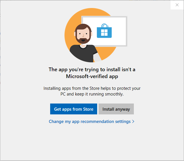Windows app warning dialog: “Microsoft-verified app” with buttons to get apps from Store or install anyway.