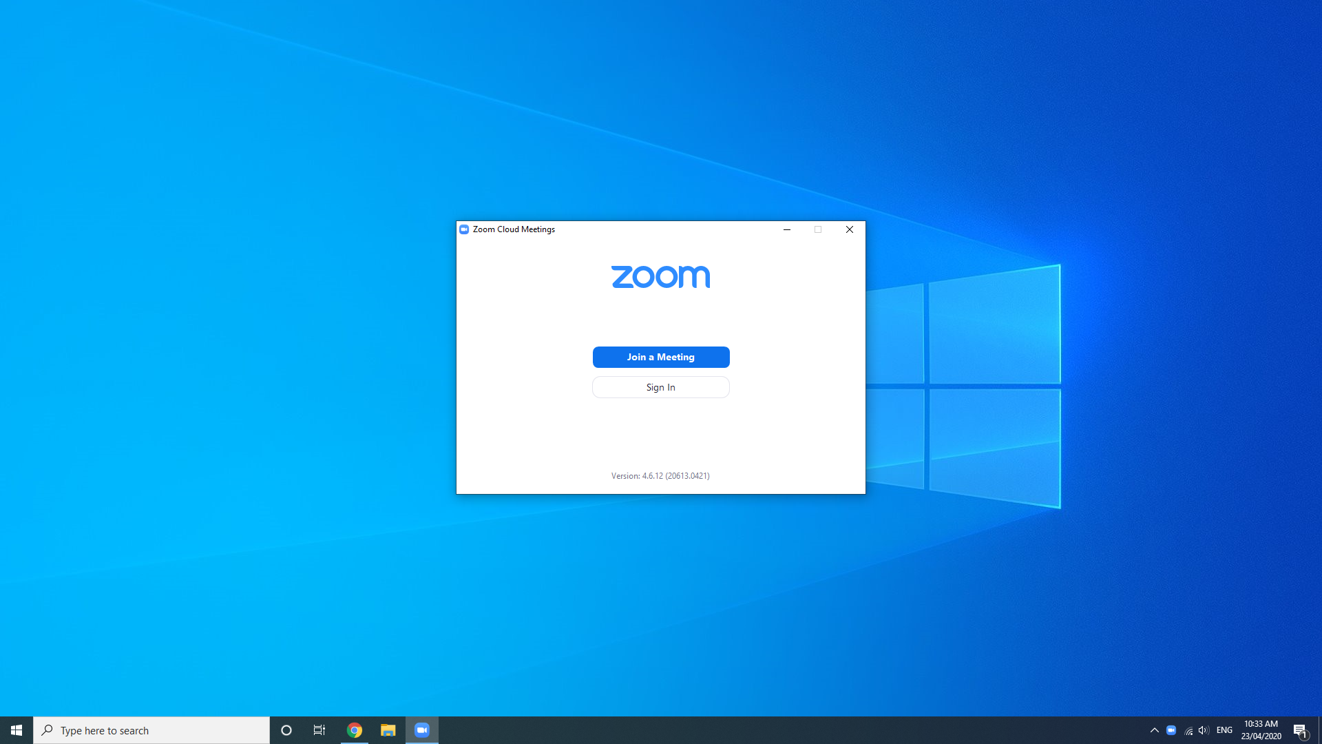 Windows desktop with Zoom sign-in window centered on a blue background