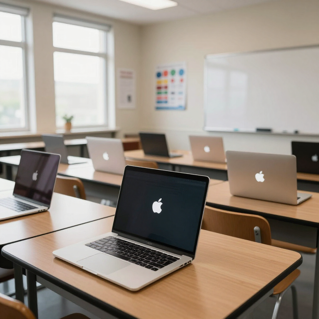 Empty classroom with several open laptops on desks and a whiteboard at the front
