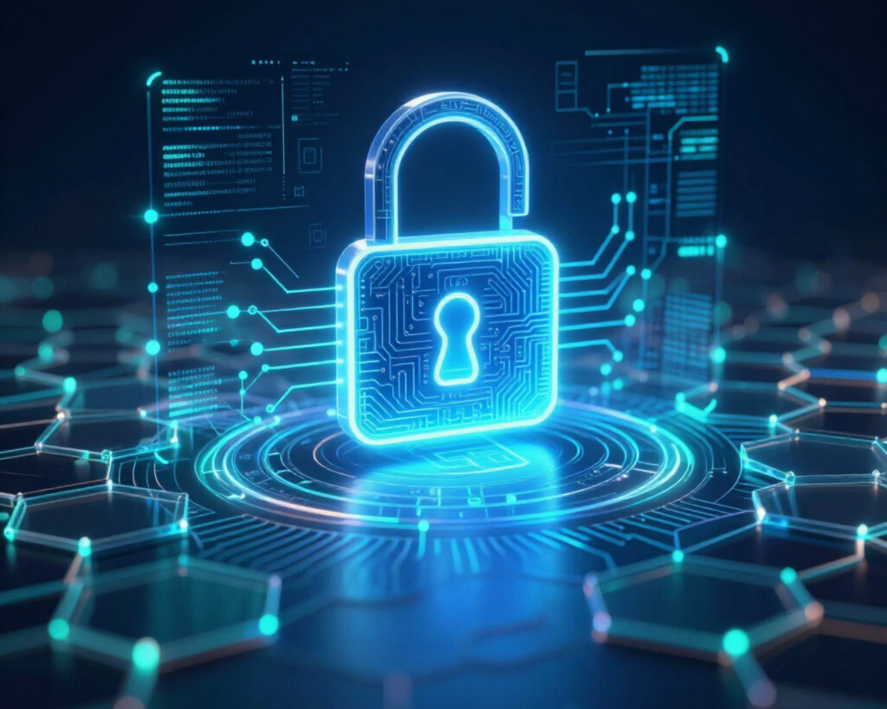 Glowing blue padlock over a digital network, symbolizing cybersecurity and data protection