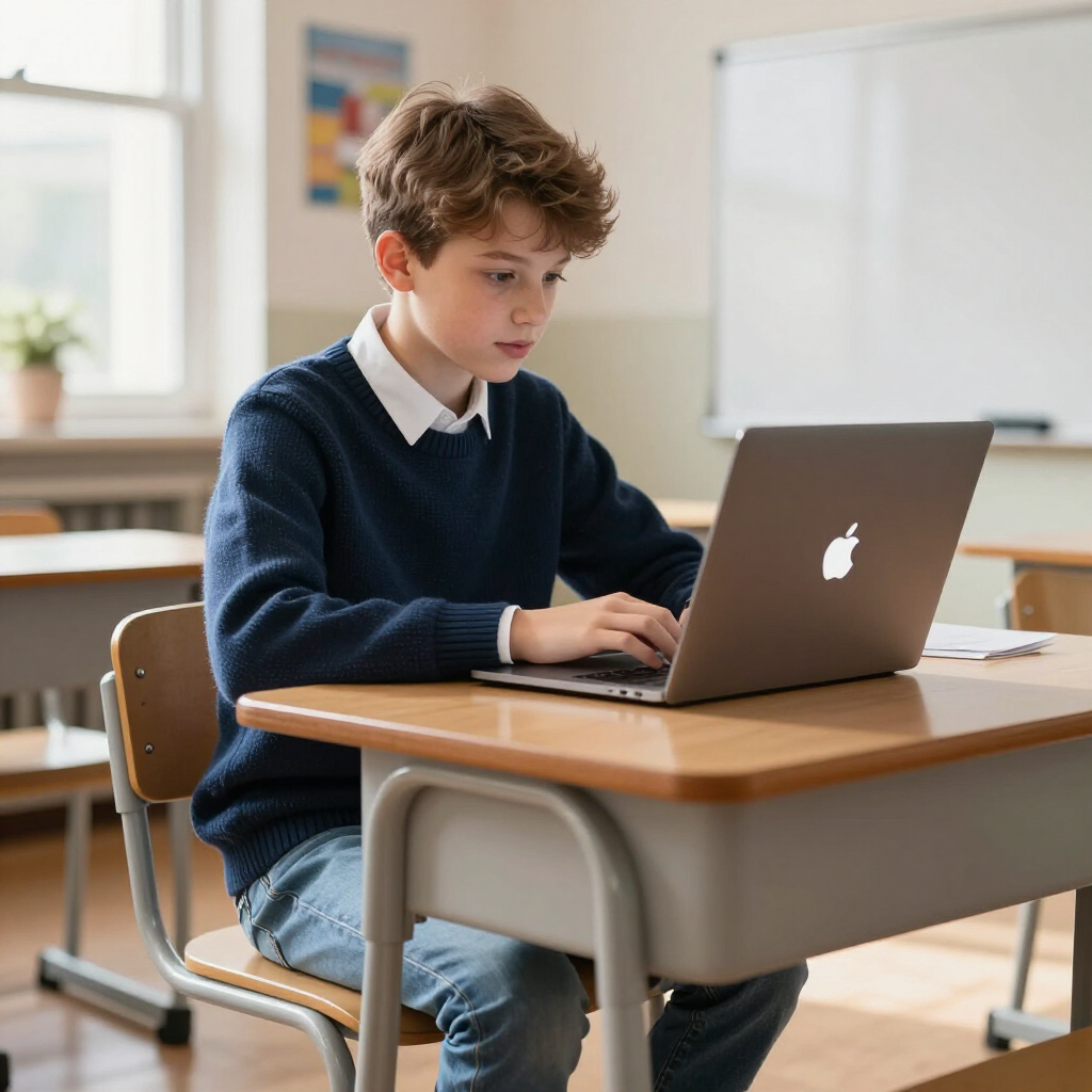 Student using a laptop at a desk in a classroom, with a whiteboard in the background