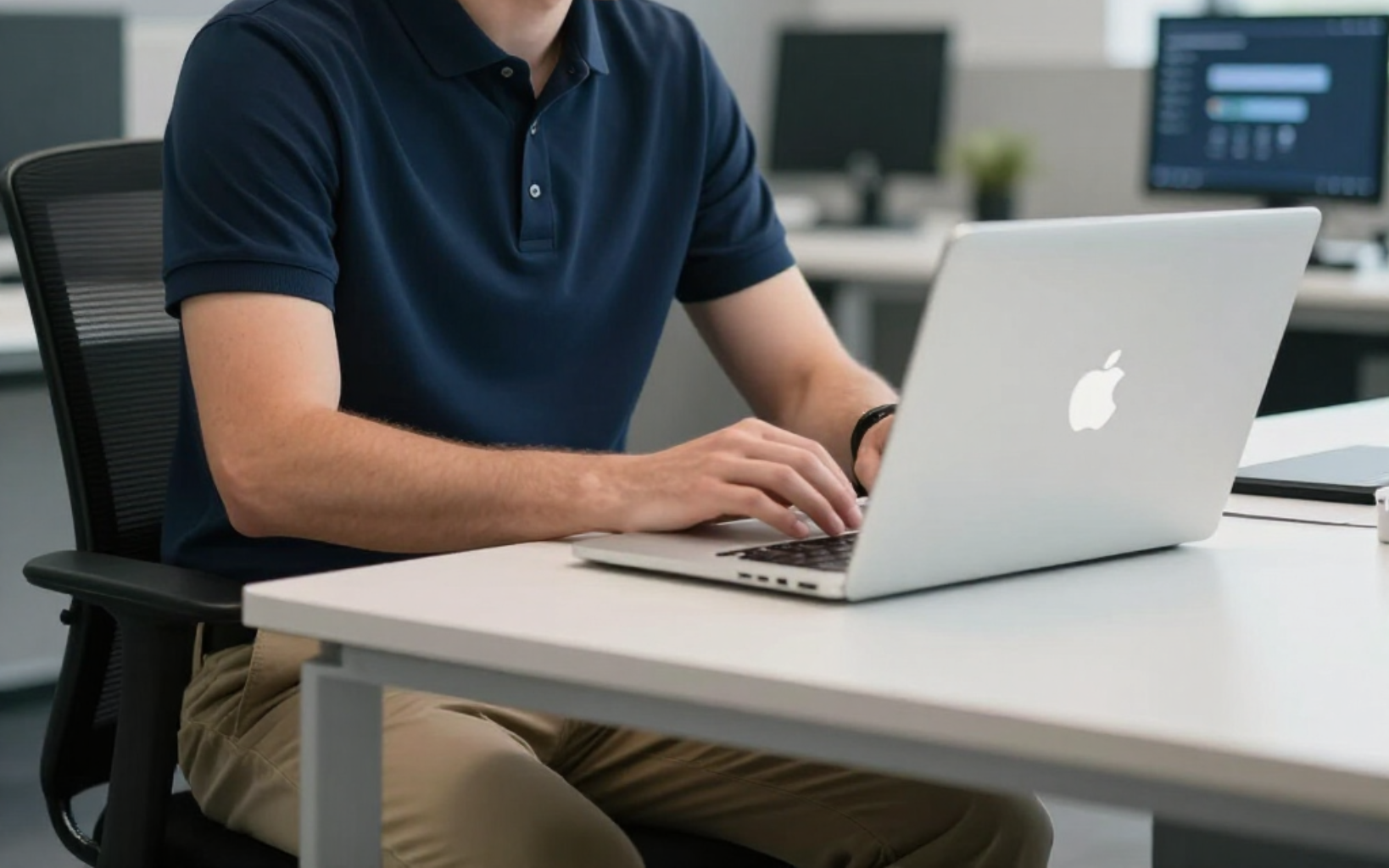 Person typing on a silver laptop at a desk in an office