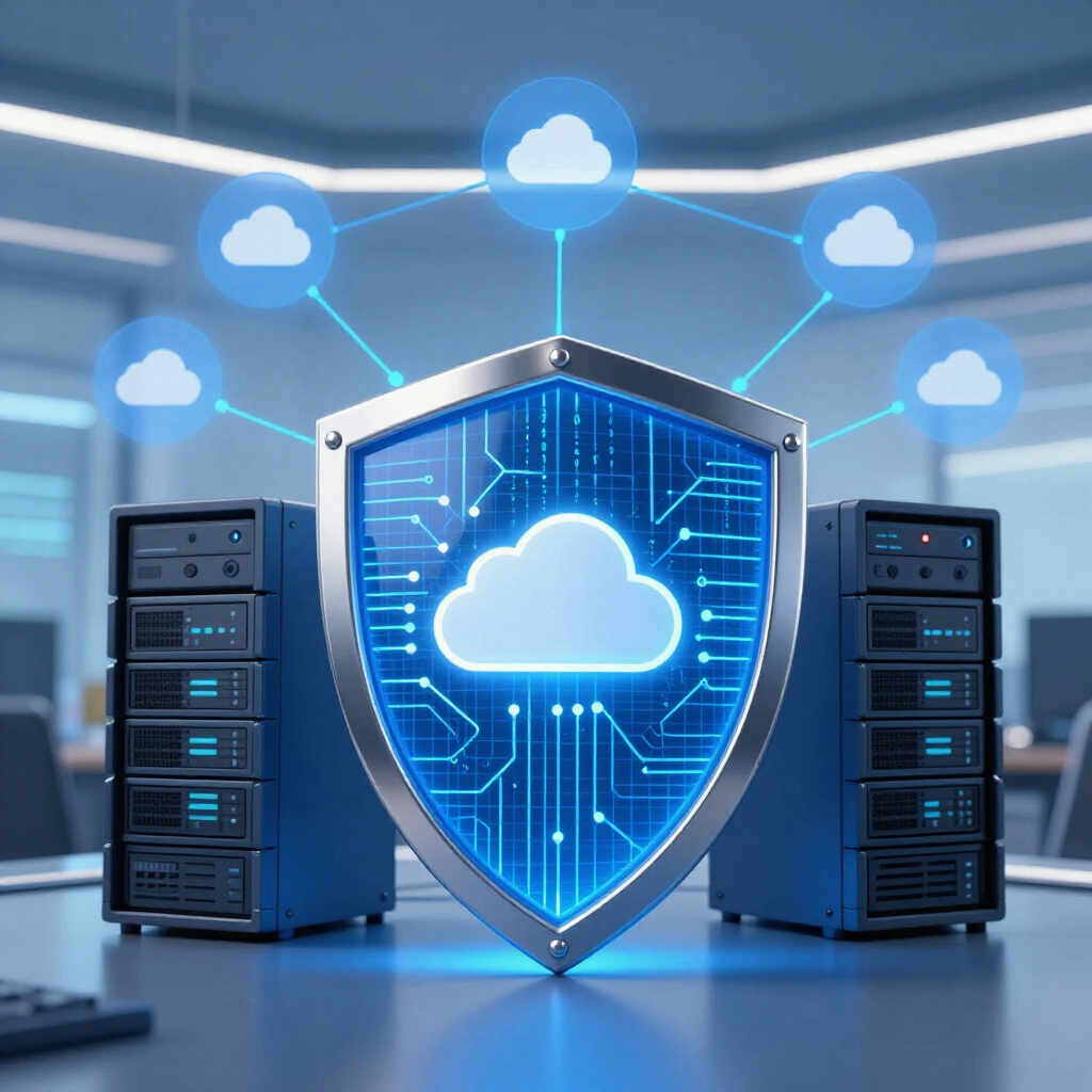 Cloud shield between server racks, with connected cloud icons in a blue data center
