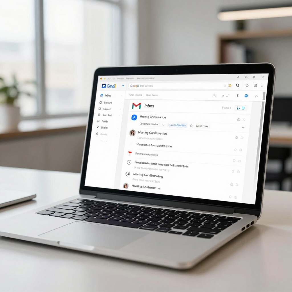Silver laptop on a desk displaying an email inbox in a bright office