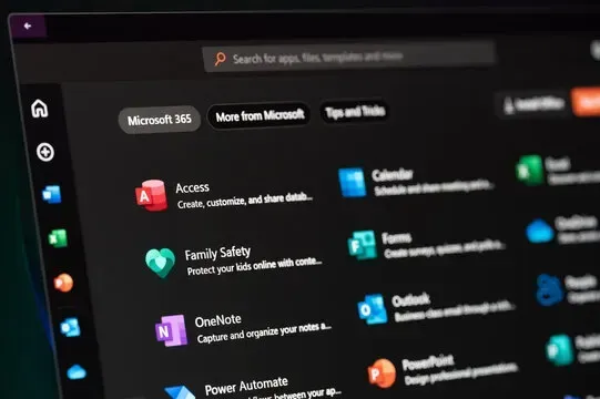 Dark-themed Microsoft 365 app dashboard with app tiles and a search bar on the left screen