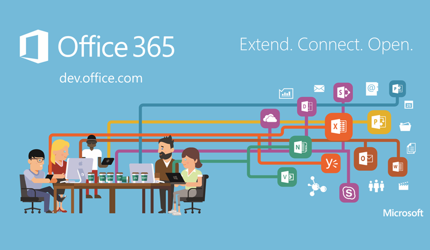 Office 365 promo with people at a desk and colorful app icons connected by lines