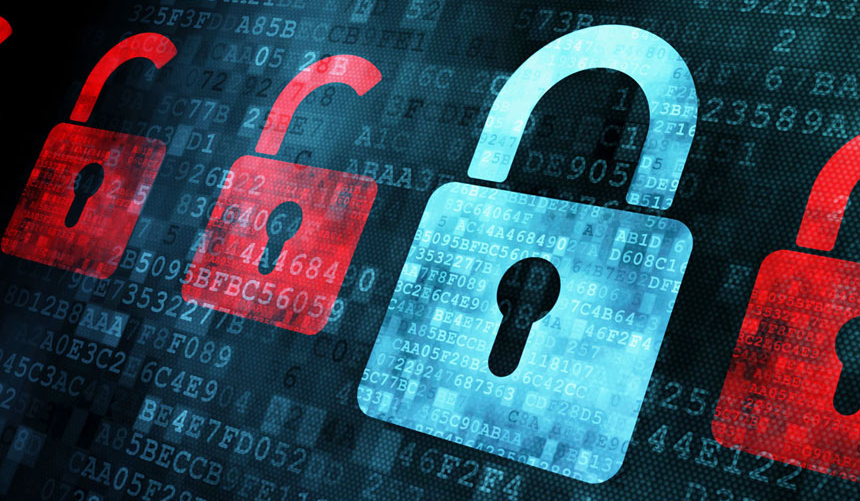 Blue padlock centered among red padlocks on a digital background, symbolizing cybersecurity and data protection