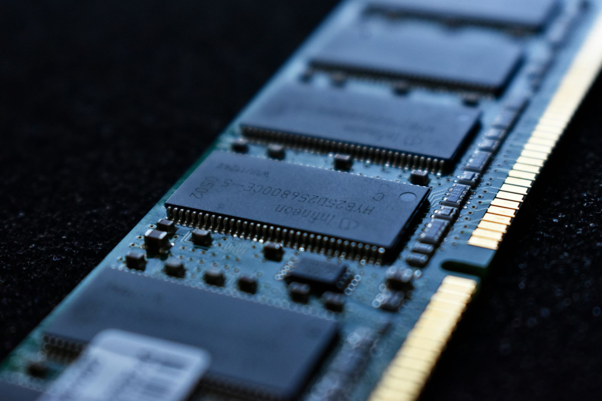 Close-up of a blue computer RAM module with gold connectors on a dark background