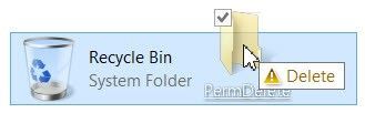 Recycle Bin icon selected in Windows Explorer with delete warning tooltip.