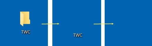 Blue desktop with a yellow folder icon labeled “TWC” next to white vertical bars.