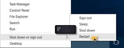 Windows Start menu with Shut down or sign out submenu open and Restart highlighted