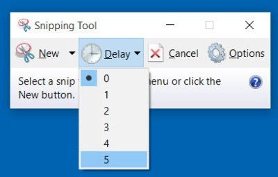 Windows Snipping Tool with the Delay dropdown open, showing options 0 to 5 seconds.