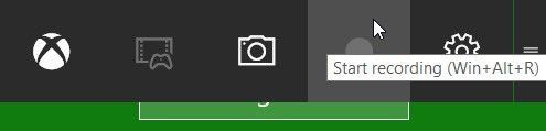 Xbox Game Bar toolbar with icons and a tooltip over the recording button saying “Start recording (Win+Alt+R)”.