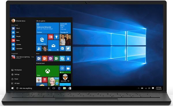 Laptop showing the Windows 10 desktop and Start menu on a blue background