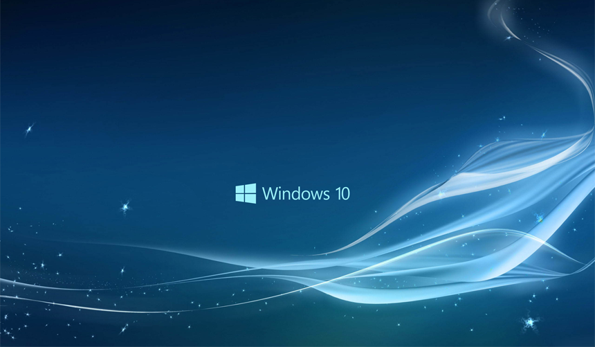 Windows 10 logo on a blue abstract wave background with light streaks