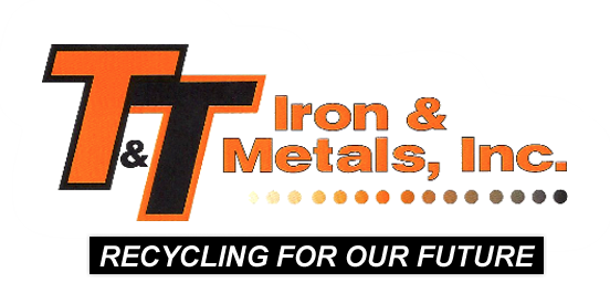 The T&T Iron & Metals, Inc. logo features orange and black lettering with the slogan, "Recycling for our future."