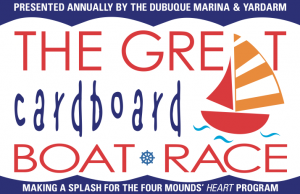 Logo for The Great Cardboard Boat Race, benefiting the Four Mounds HEART Program, presented by Dubuque Marina & Yardarm.