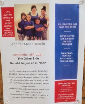 Event flyer for the Jennifer Miller Benefit on Sept 28, 2019, at The Other Side, featuring a photo of four children.