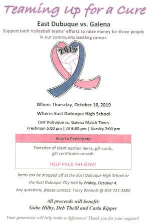 Flyer for a 2019 East Dubuque vs. Galena volleyball fundraiser for cancer patients, held Oct 10 at East Dubuque High School.